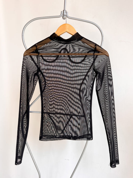 MARTHE - Sheer Long Sleeve Top S Black